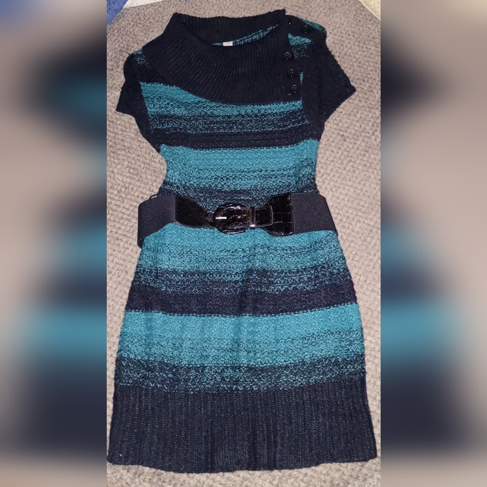 No Boundaries Teal and Black Cowl Neck Sweater Dress